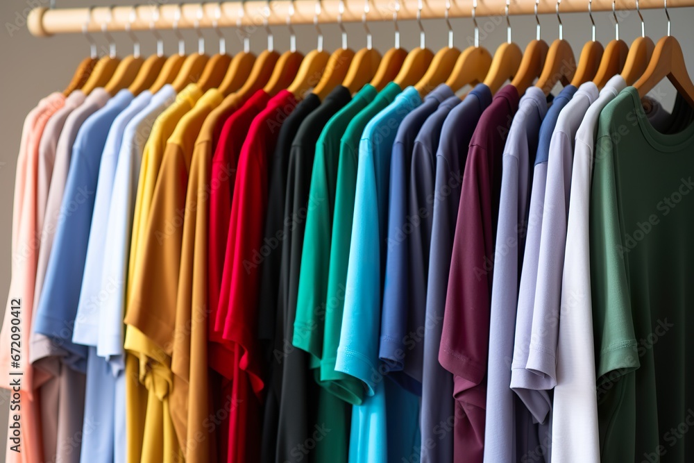 close up collection of colorful t-shirts hanging on wooden clothes hangers in the closet or clothing rack 