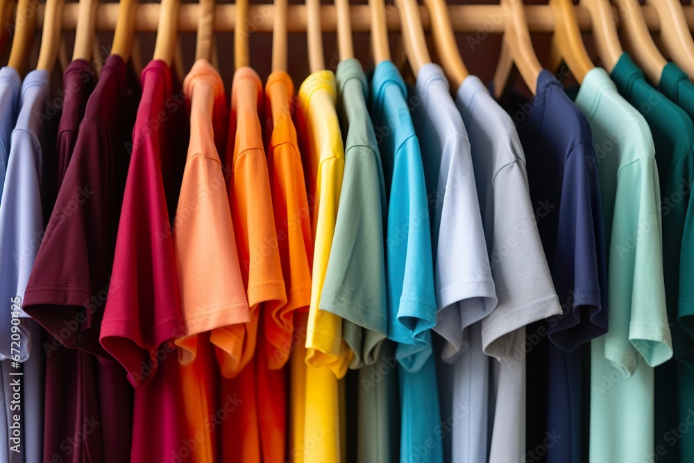 close up collection of colorful t-shirts hanging on wooden clothes hangers in the closet or clothing rack close up collection of colorful t-shirts hanging on wooden clothes hangers in the closet or clothing rack