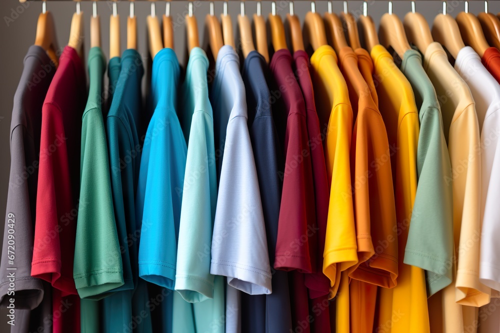 close up collection of colorful t-shirts hanging on wooden clothes hangers in the closet or clothing rack 