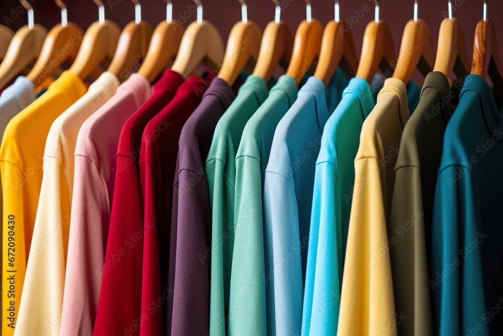 close up collection of colorful t-shirts hanging on wooden clothes hangers in the closet or clothing rack close up collection of colorful t-shirts hanging on wooden clothes hangers in the closet or clothing rack