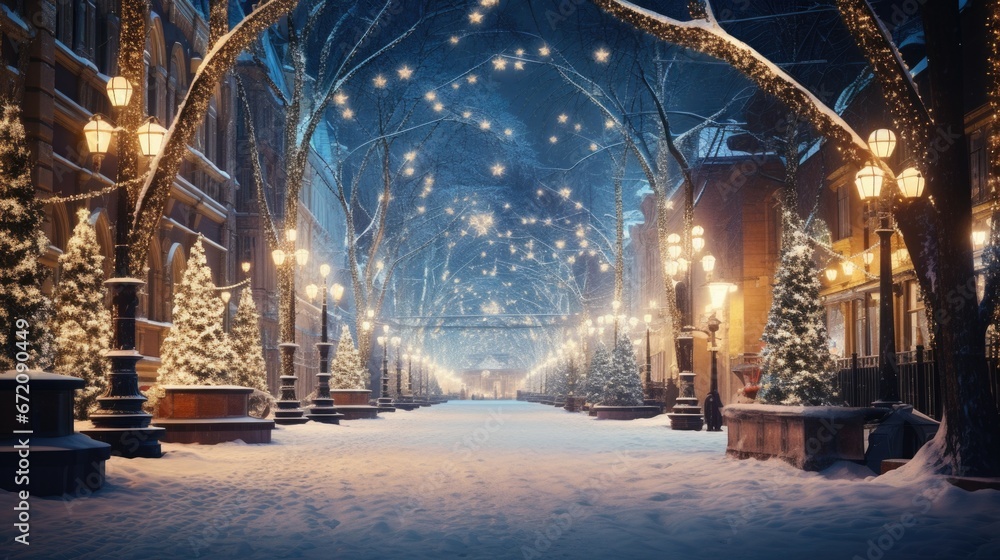 Snow covered city street with illuminated lamps, trees adorned with lights, winter evening atmosphere. Urban winter holiday celebration.