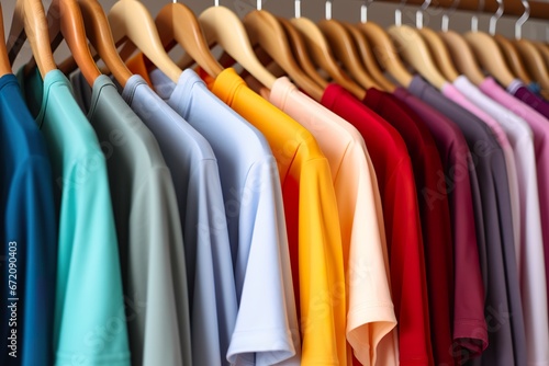 close up collection of colorful t-shirts hanging on wooden clothes hangers in the closet or clothing rack 