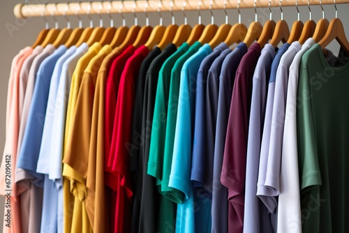 close up collection of colorful t-shirts hanging on wooden clothes hangers in the closet or clothing rack 