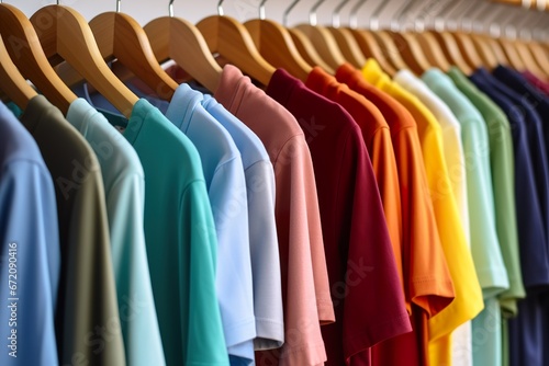 close up collection of colorful t-shirts hanging on wooden clothes hangers in the closet or clothing rack 