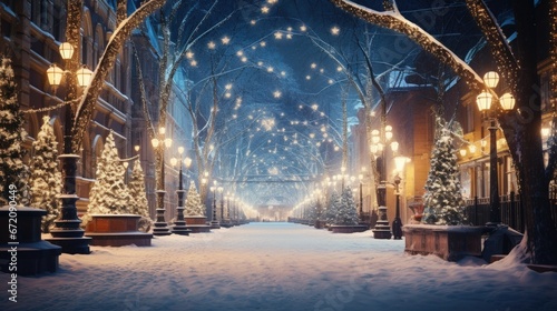 Snow covered city street with illuminated lamps, trees adorned with lights, winter evening atmosphere. Urban winter holiday celebration. photo