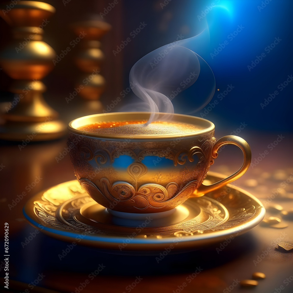 Delicate Porcelain Cup Painted with Gold, Enveloped in a Mist of Steam Rising from the Scrumptious Cup of Coffee. AI generated content Delicate Porcelain Cup Painted with Gold, Enveloped in a Mist of Steam Rising from the Scrumptious Cup of Coffee. AI generated content