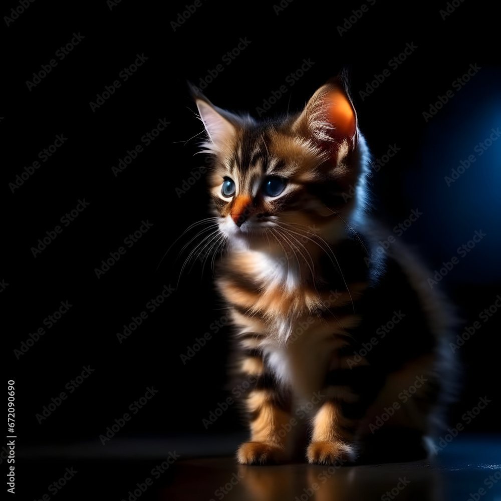 Adorable striped kitten on black background. AI generated content