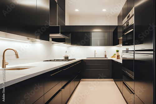 modern kitchen interior. luxury kitchen cabinets galley style photo