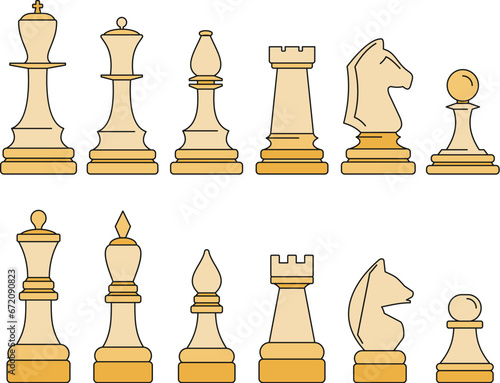 Chess piece icon set. Outline set of chess piece vector icons thin line color flat on white