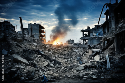 Destroyed city, explosion in the background. Piles of destroyed concrete blocks of house walls and mangled metal, dramatic sky. Concept of military confrontation. World war and apocalypse concept. photo
