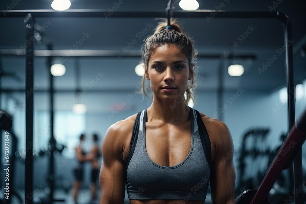Fototapeta premium Close-up portrait of a beautiful muscular smiling blonde woman in a gym