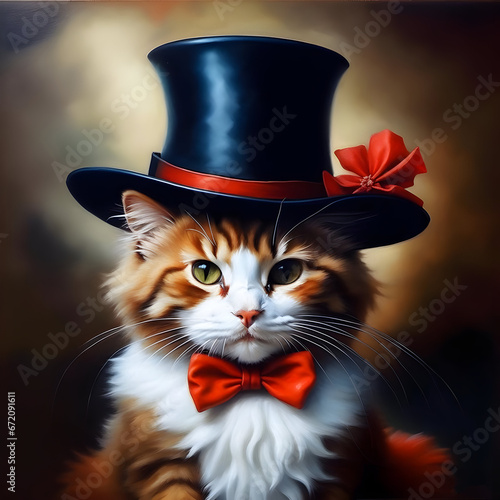 Adorable ginger kitten in black hat with red bow. AI generated content