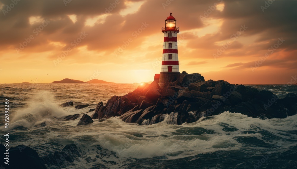 Photo of Red and White Lighthouse Illuminating the Ocean Waves With a Majestic Presence