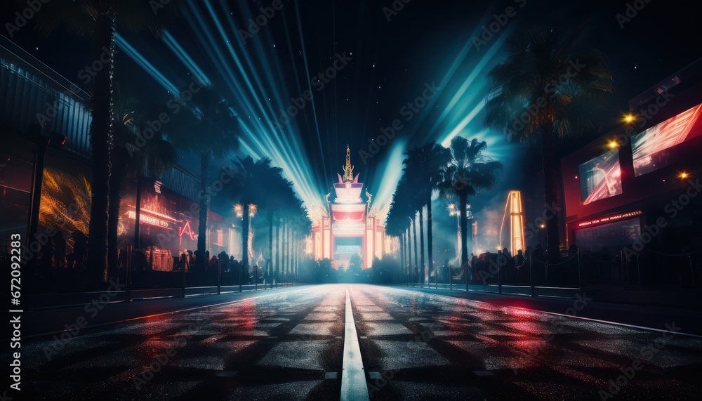Photo of a Mysterious Night Scene Illuminated by Streetlights and Palm Trees