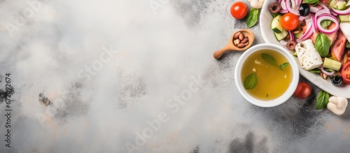 A summer salad topped with vinaigrette dressing consisting of ham crisp veggies pine nuts and mozzarella placed on a background of gray stone or slate as seen from above There is room for co