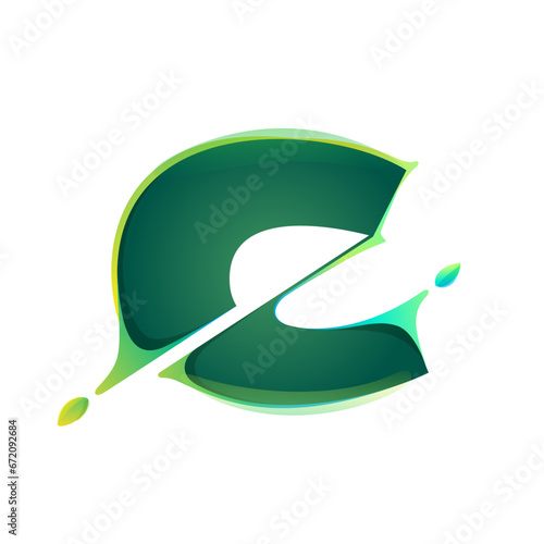 C letter eco logo with green leaves and diagonal distortion, color shift effect. Eco-friendly vector illustration. Lush foliage emblem. Perfect for nature banner, healthy labels, waste recycling icon.