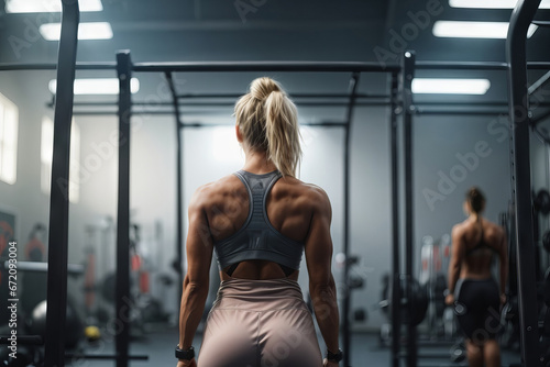 Rear view of a muscular athletic fitness blonde woman in a sports gym