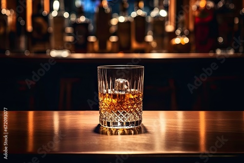 a bar with a single glas of whiskey on a wooden table top