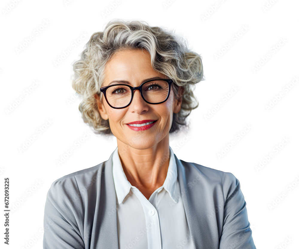 Fototapeta premium Portrait of smiling senior businesswoman in glasses on white