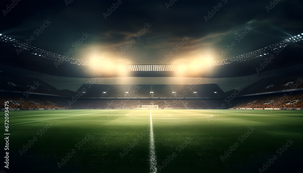 Football stadium, shiny lights, view from field. Soccer concept. football stadium before championship with bright lights. grass field in stadium at night. Football stadium, shiny lights, view from field. Soccer concept. football stadium before championship with bright lights. grass field in stadium at night.