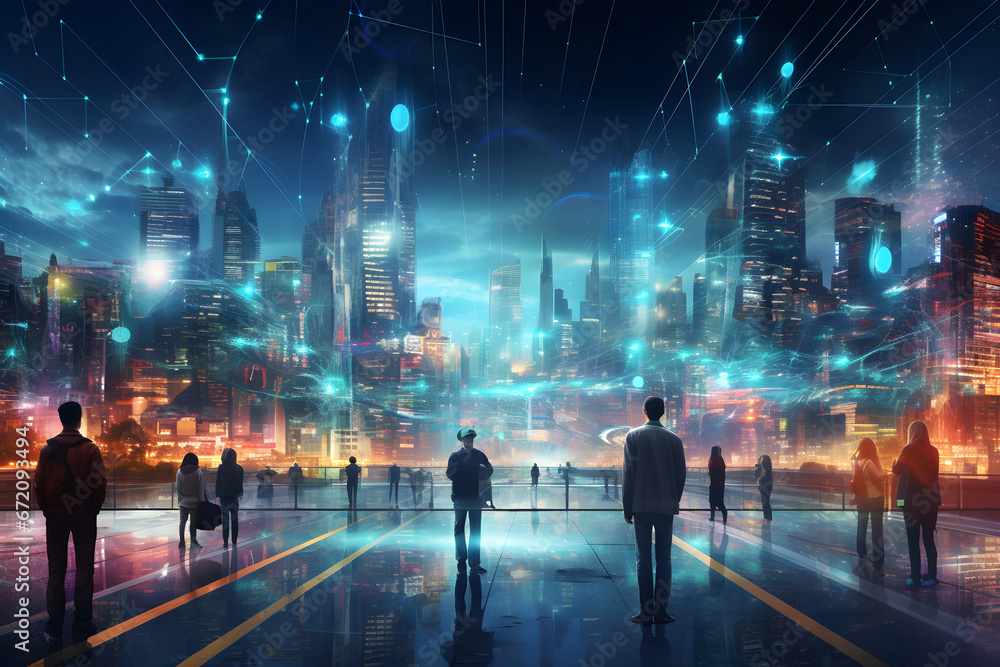 People stands against the backdrop of a futuristic city. Smart city concept, dreams, development, life improvement. Future communication technology. 
