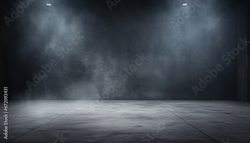 Background of an empty dark room. Empty walls, lights, smoke, Abstract light in a dark empty street with smoke. Dark street, night smog and smoke. 