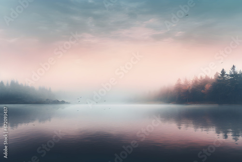 Foggy sunrise near the lake. Misty lake in the early morning. fog in the morning forest.  © pakoefoto