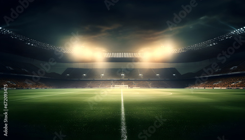 Football stadium, shiny lights, view from field. Soccer concept. football stadium before championship with bright lights. grass field in stadium at night. 