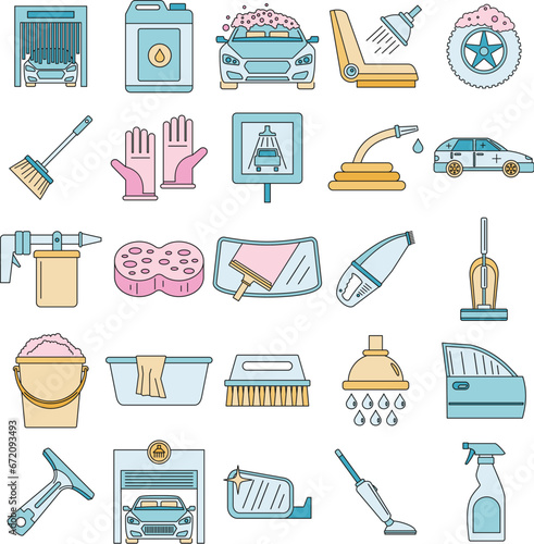 Car wash garage icon set. Outline set of car wash garage vector icons thin line color flat on white