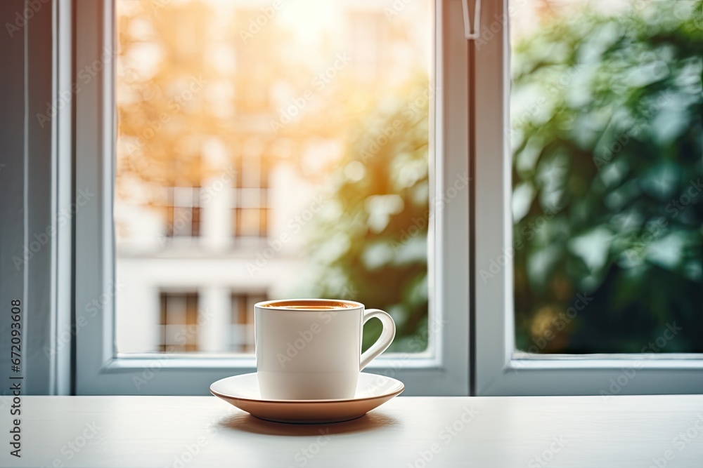 Winter morning brew. Cozy coffee cup by window. Festive aroma. Hot drink in wooden setting on cold day. Autumnal bliss. Wood table in nature embrace with hot beverage Winter morning brew. Cozy coffee cup by window. Festive aroma. Hot drink in wooden setting on cold day. Autumnal bliss. Wood table in nature embrace with hot beverage