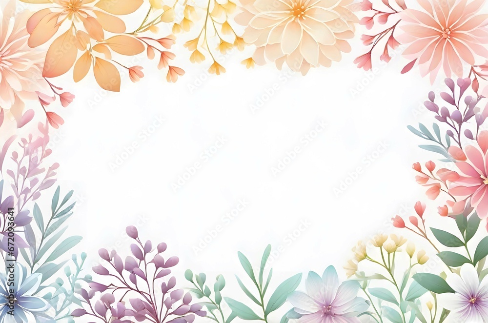 pastel color frame of flowers with copy space in the center. Christmas, New year, Easter, Birthday, Flat lay, top view pastel color frame of flowers with copy space in the center. Christmas, New year, Easter, Birthday, Flat lay, top view