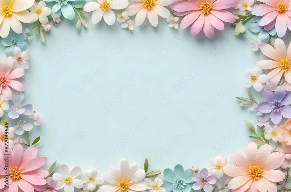 pastel color frame of flowers with copy space in the center. Christmas, New year, Easter, Birthday, Flat lay, top view