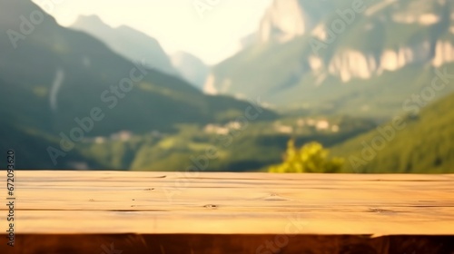 Empty wooden table for product display with blurred mountains background. Ai generative photo