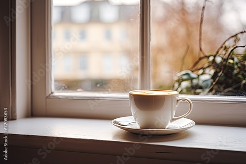 Winter morning brew. Cozy coffee cup by window. Festive aroma. Hot drink in wooden setting on cold day. Autumnal bliss. Wood table in nature embrace with hot beverage