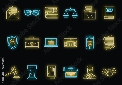Lawyer justice icons set. Outline set of lawyer justice vector icons neon color on black