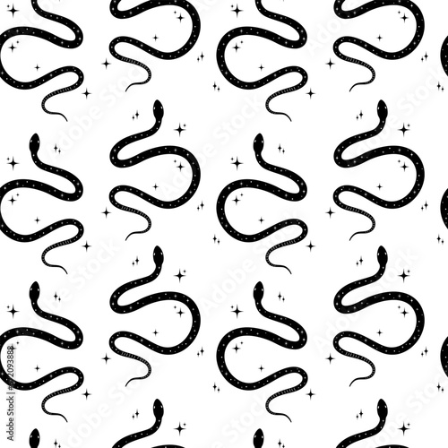 Abstract celestial snake tattoo seamless pattern. Black serpent silhouette with stars on white background. Magic animal symbol. Esoteric, witchcraft design. Vector illustration
