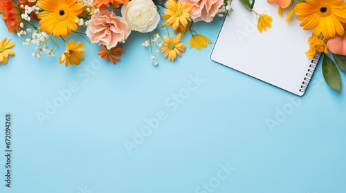 Notebook  flowers  and computer keyboard on blue background.