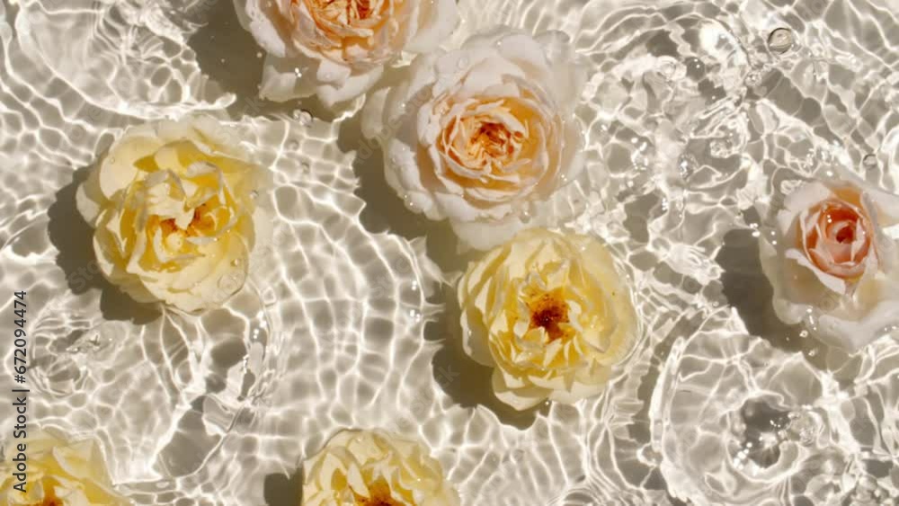 Yellow rose flowers on water surface and of waves on yellow background. Sun and shadows. Pure water with reflections sunlight and shadows in slow motion. Valentines day texture. High quality 4k Yellow rose flowers on water surface and of waves on yellow background. Sun and shadows. Pure water with reflections sunlight and shadows in slow motion. Valentines day texture. High quality 4k