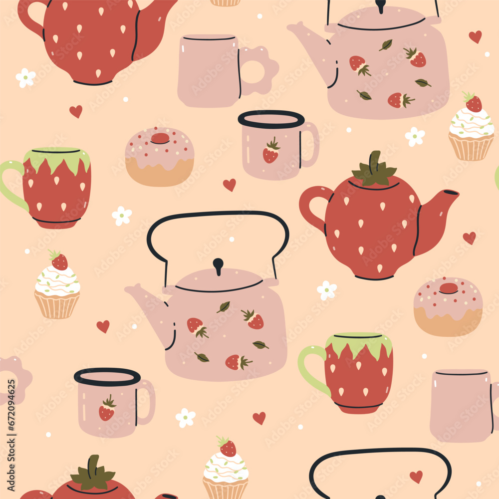 Seamless pattern with cute cups and teapots. Vector graphics. Seamless pattern with cute cups and teapots. Vector graphics.