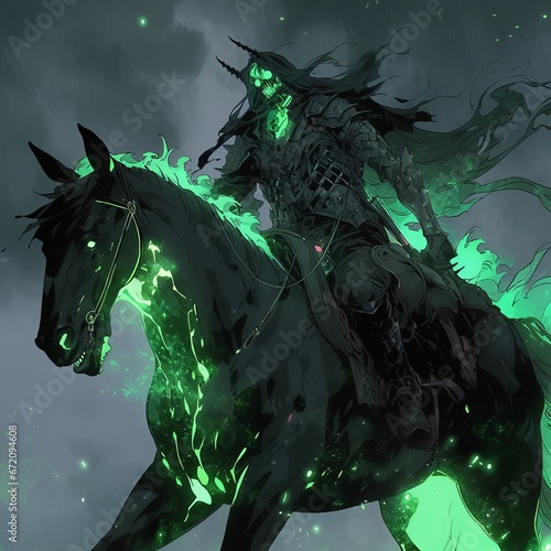 a man riding a horse with green light