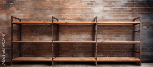 Background of a storage warehouse with an unfilled wooden shelf