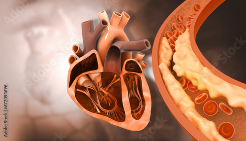 Human heart with Clogged arteries on scientific background. 3d illustration. photo
