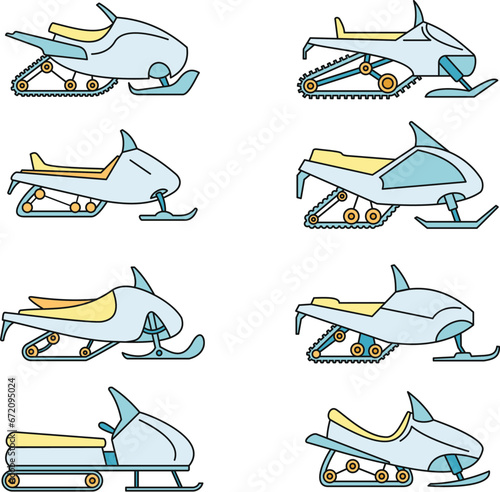 Mountain snowmobile icon set. Outline set of mountain snowmobile vector icons thin line color flat on white