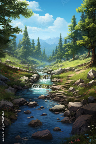 A serene forest creek with digital illustration style, realistic blue skies, and mountainous vistas, creating a peaceful and colorful landscape.