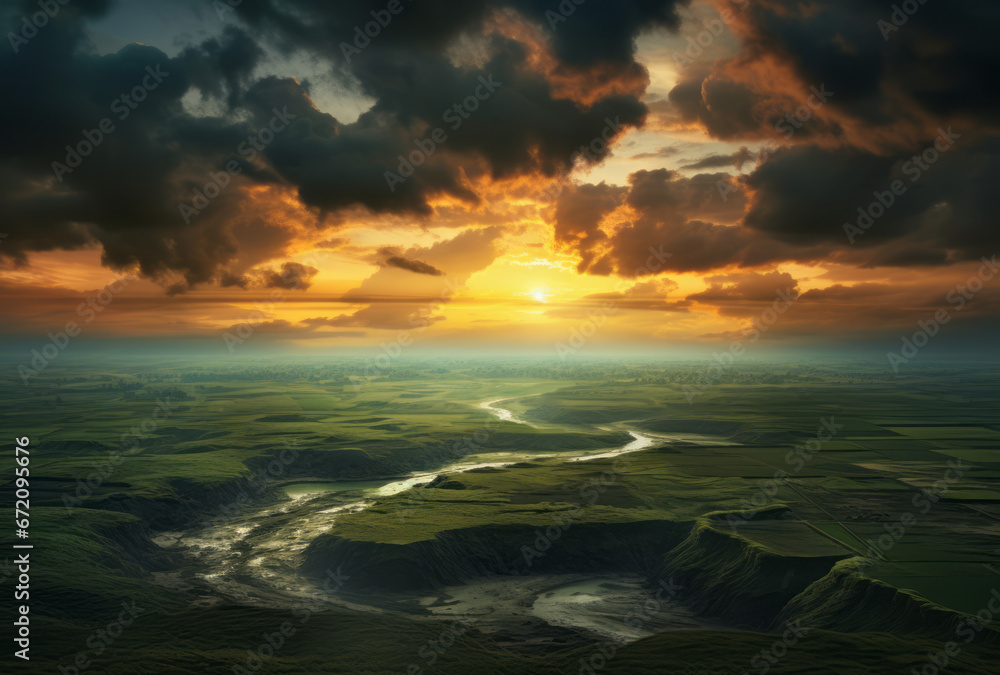 Obraz premium A beautiful artwork featuring a brilliant sunrise over a green field with a winding river, conveying profound and romantic emotions and the vitality of nature.