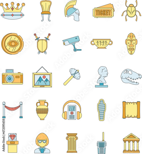 City museum icon set. Outline set of city museum vector icons thin line color flat on white