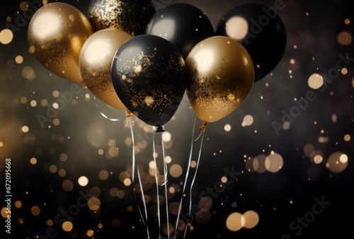 Black and gold balloons adorned with shiny dust and lights, creating a festive and glamorous ambiance. photo