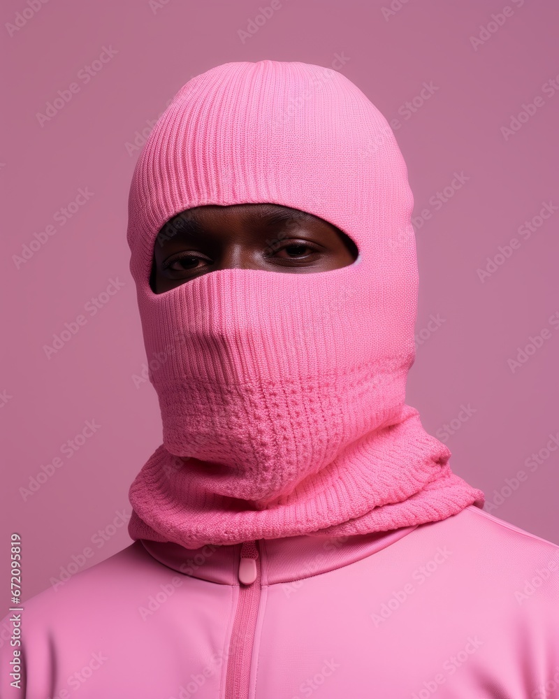 a person wearing a pink ski mask
