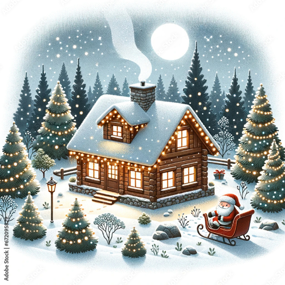 Illustration of a charming wooden cabin on a serene, snowy night. The cabin is warmly lit and surrounded by snow-draped pine trees.Claus in sight, implying he has already descended the chimney.