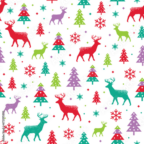 Seamless Pattern of Christmas Bright Geometric Christmas trees  Deers  and Snowflakes-Christmas vector design